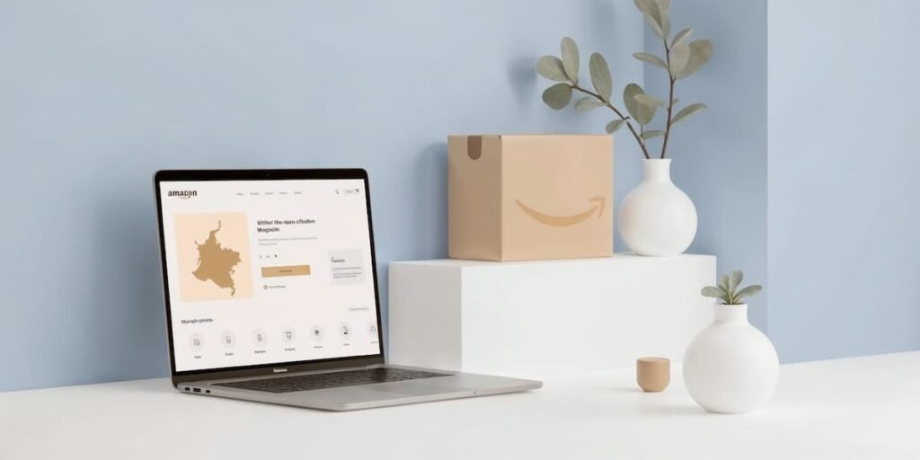 Paquete de Amazon junto a una computadora portátil y elementos representativos de Colombia, destacando estrategias de publicidad efectiva y marketing de influencers para vender en Amazon desde Colombia