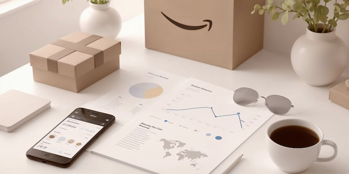 Photograph of a desk setup with an Amazon package being unboxed, a smartphone displaying the Amazon Ads dashboard